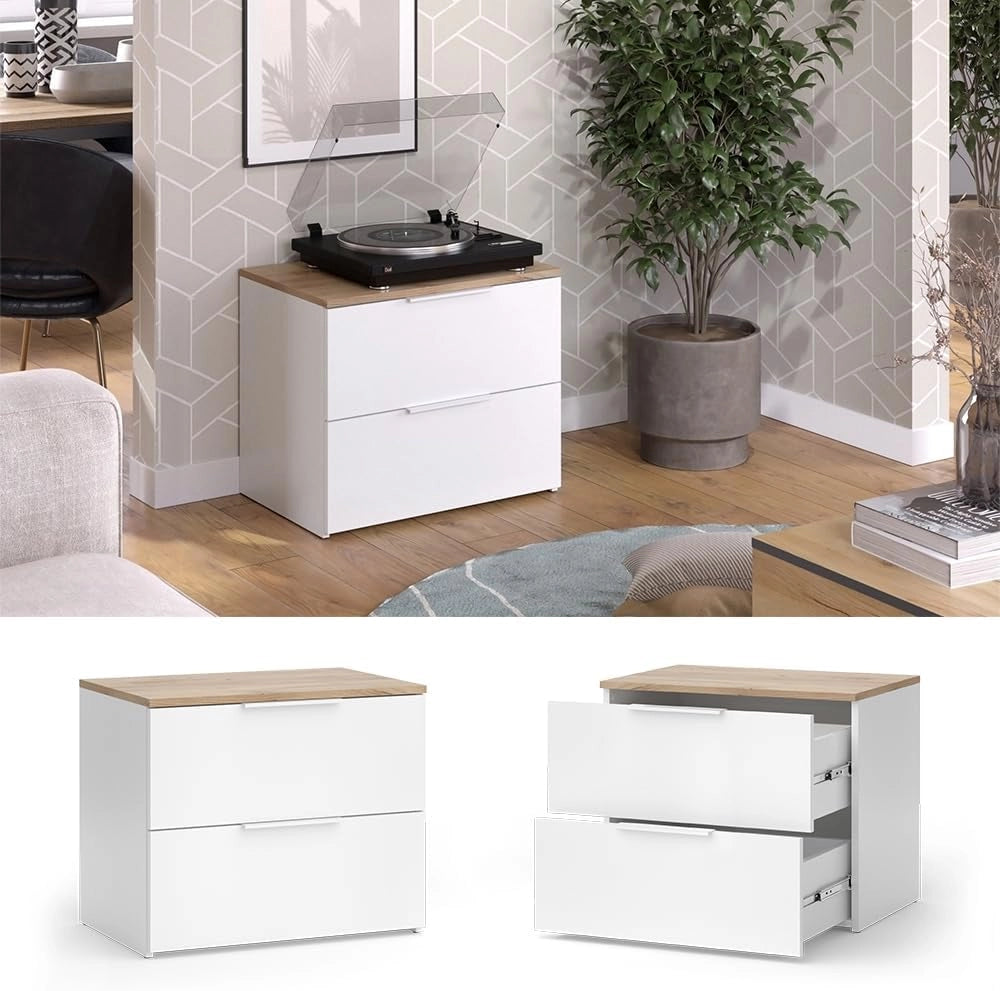 Cassettiera Wido, Bianco/Sonoma, 60 x 50 cm con 2 cassetti, per riporre abiti e oggetti di uso quotidiano