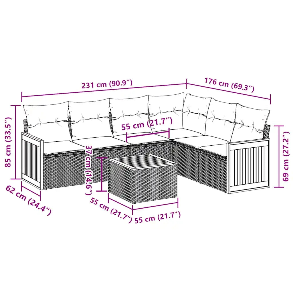 Set Divani da Giardino con Cuscini 7pz Nero Polyrattan