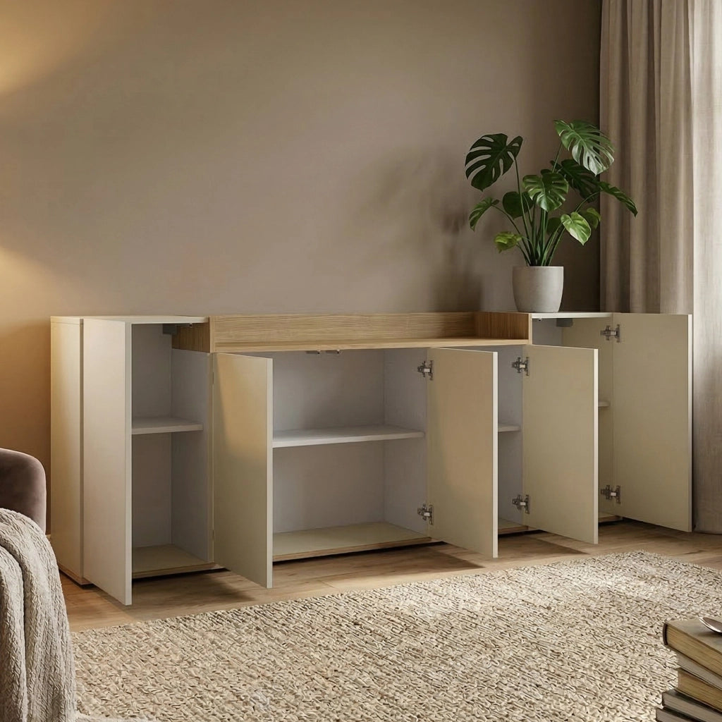 Madia Cordele, Credenza 7 Ripiani Made in Italy, 200x35x70h cm Bianco Cashmere
