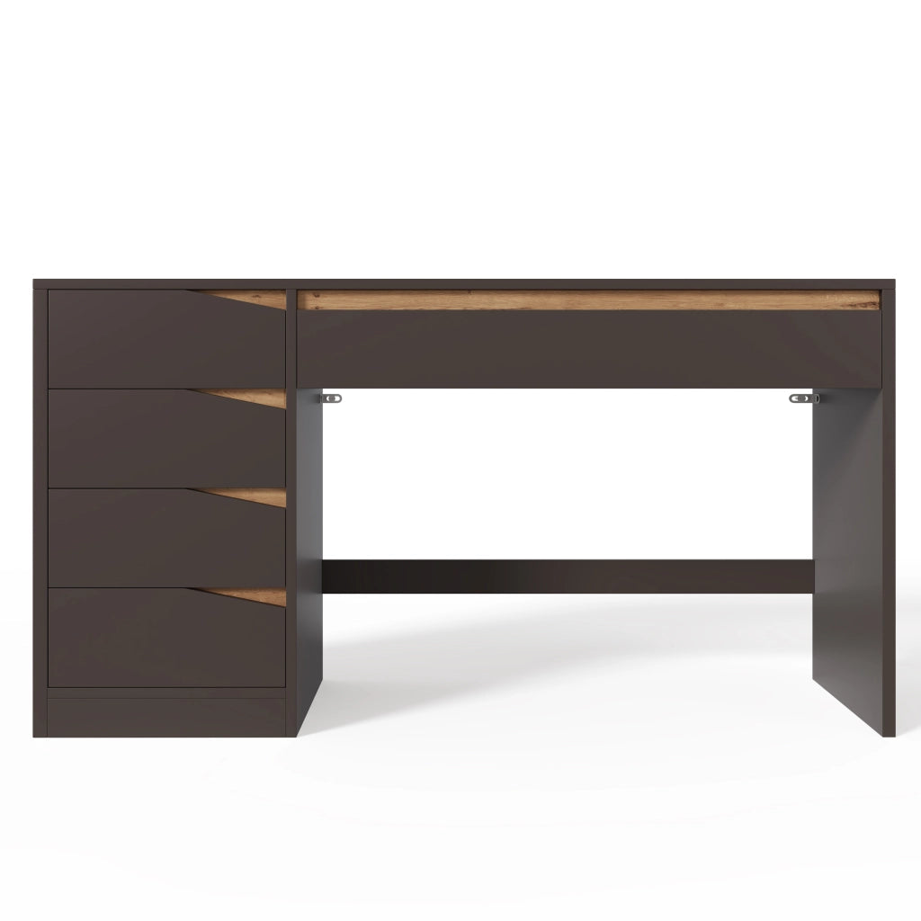 Scrivania dritta con 5 cassetti e piano ampio, grigio e rovere, per studio e camera, MDF, 140 × 50 × 78 cm