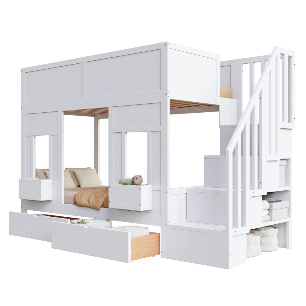 Letto a castello per bambini 90x200 con scale e cassetti; letto a soppalco con finestre; legno; corrimano di sicurezza; risparmio spazio per i bambini