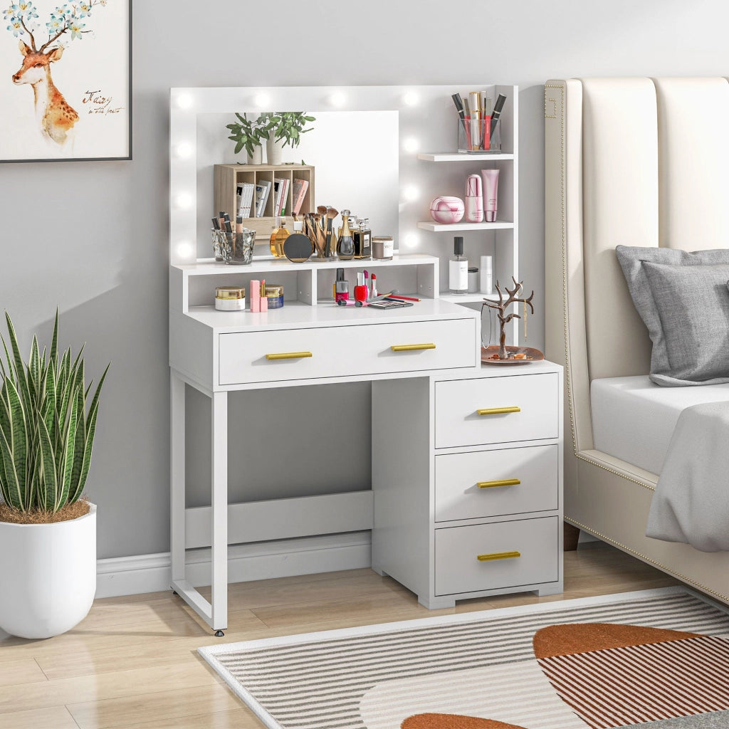 Tavolo da Trucco in Legno 100x40x138 cm con 4 Cassetti 6 Ripiani Aperti e Specchio Bianco