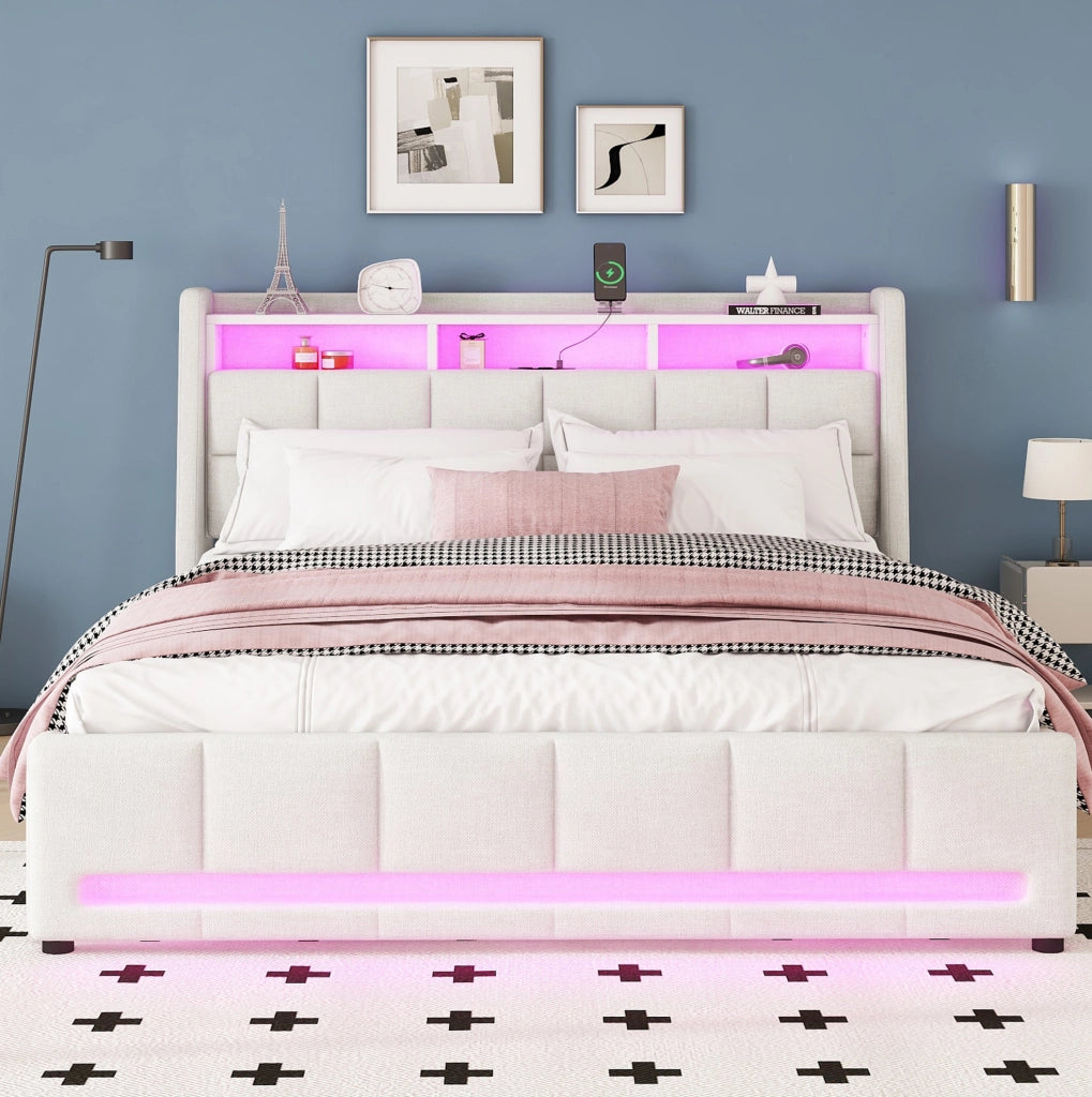 LETTO imbottito 140 x 200 cm in lino beige con LED, USB e 2 cassetti