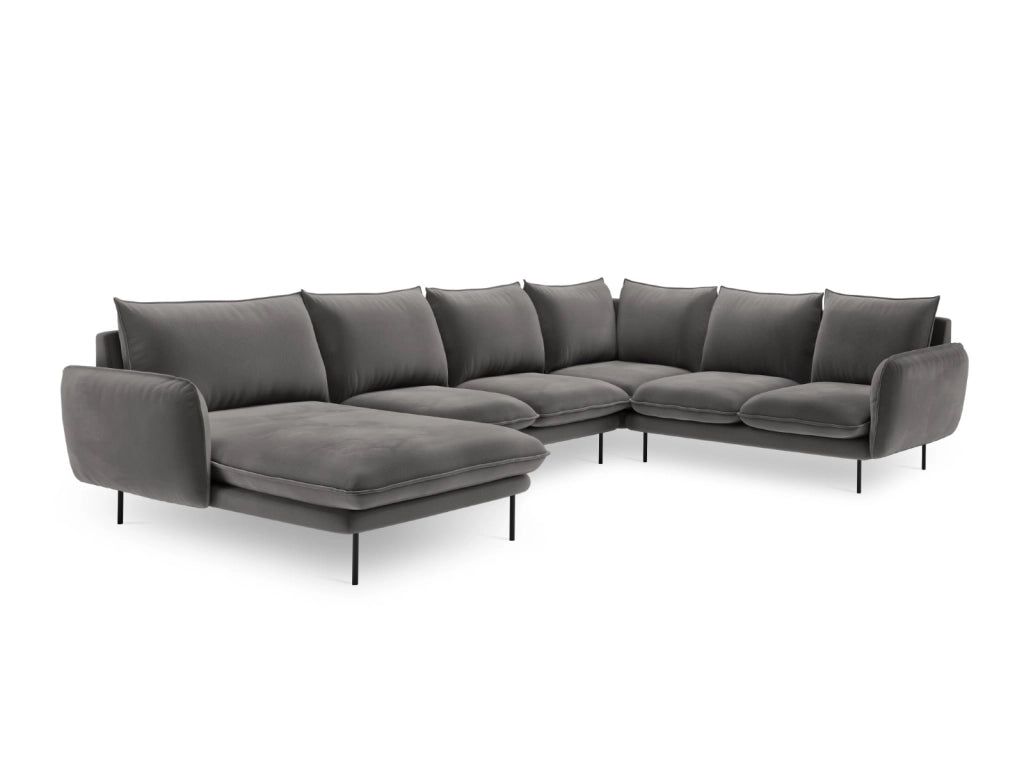 Cosmopolitan Design - Divano panoramico destro "Vienna" 7 posti in velluto grigio chiaro 