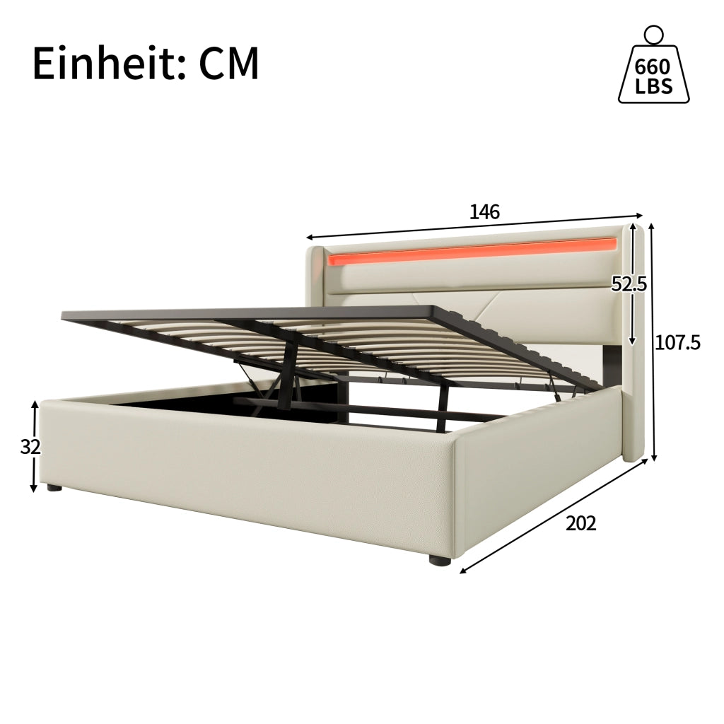 LETTO Contenitore idraulico 140x200 cm in PU bianco con LED