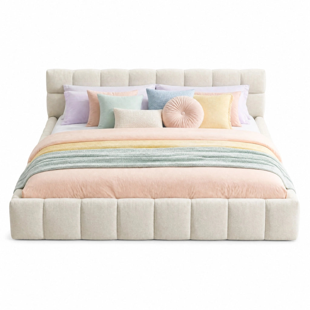 Letto matrimoniale imbottito 160x200 cm in chenille beige con struttura in legno di eucalipto e ferro