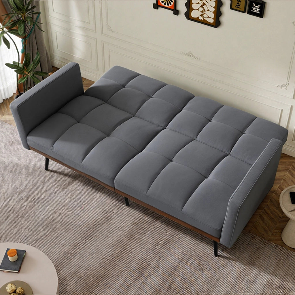 Divano Futon 3 Posti ¨C MINIMAL ¨C Grigio, Tessuto Lino, Schienale Regolabile, Gambe in Metallo, 146 cm
