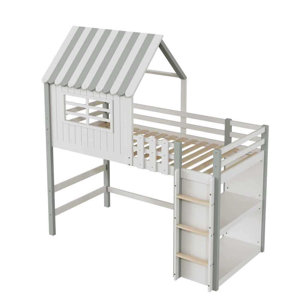 Letto a soppalco per bambini 90x200 cm verde con scala