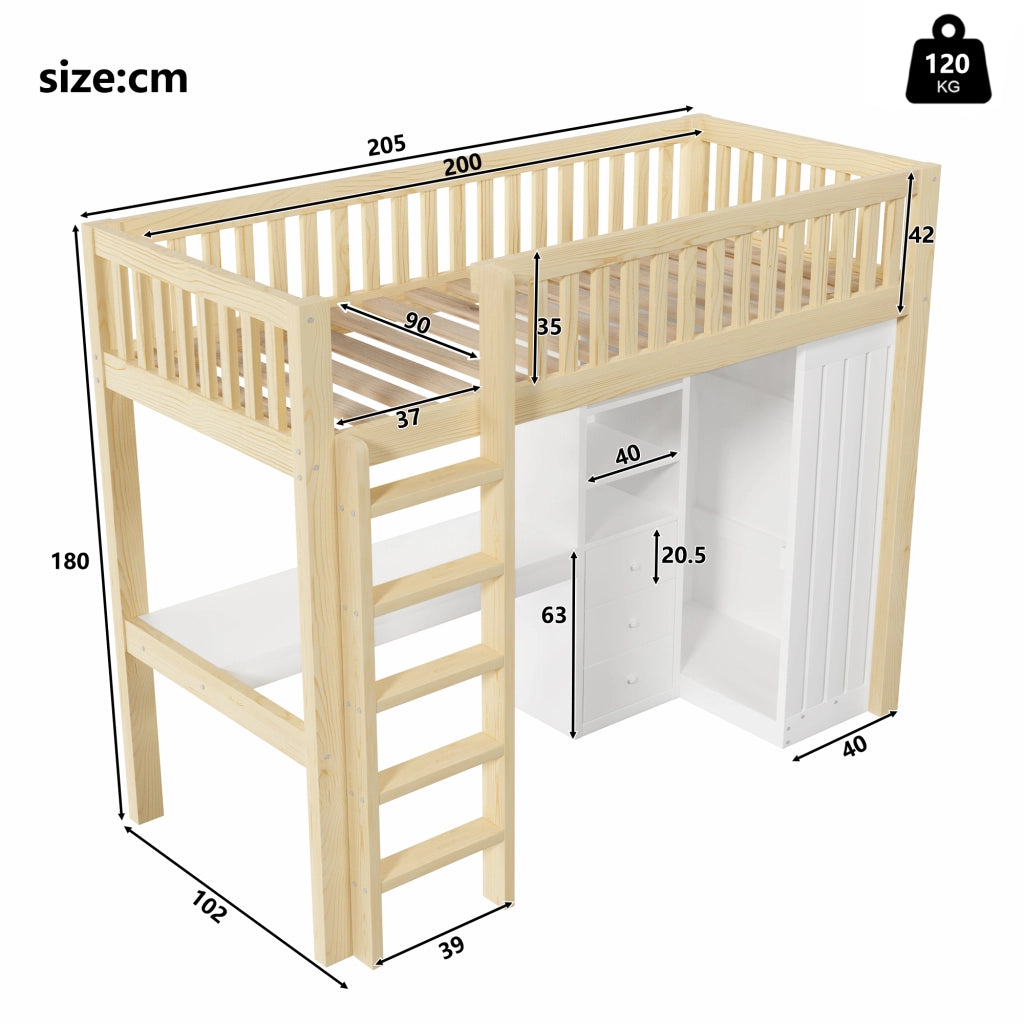 Letto a castello naturale in pino con scrivania armadio e 3 cassetti 90x200 cm
