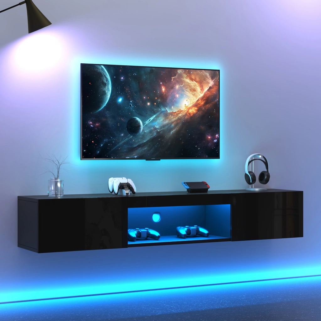 Mobile TV sospeso 160x31x22 cm con illuminazione LED e frontale lucido in legno nero