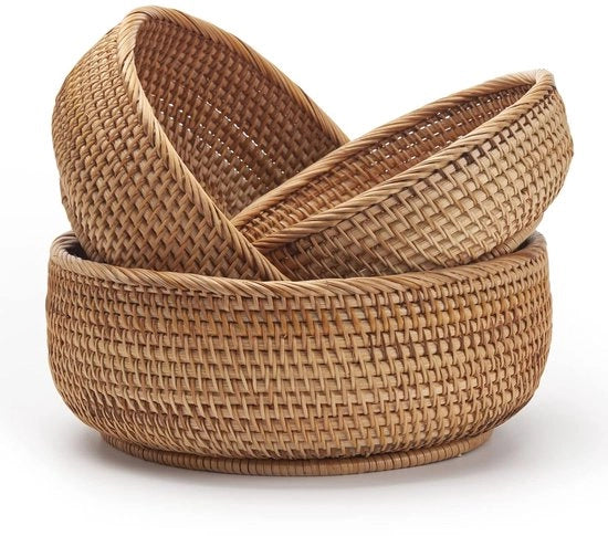 Cestelli di Rattan per Archiviazione con Scudi di Frutta intrecciati, Supporto per Chiave in Rattan, Set di 3 Stacking per Tavolo da Cucina