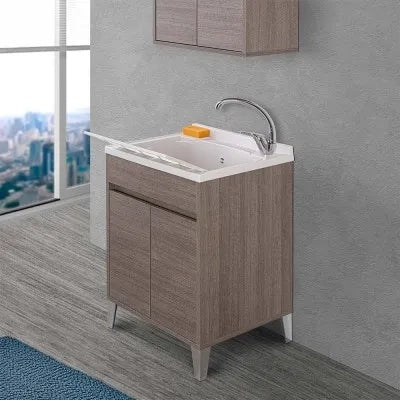 Mobile lavatoio 60x50 rovere scuro con vasca asse e kit scarico Way