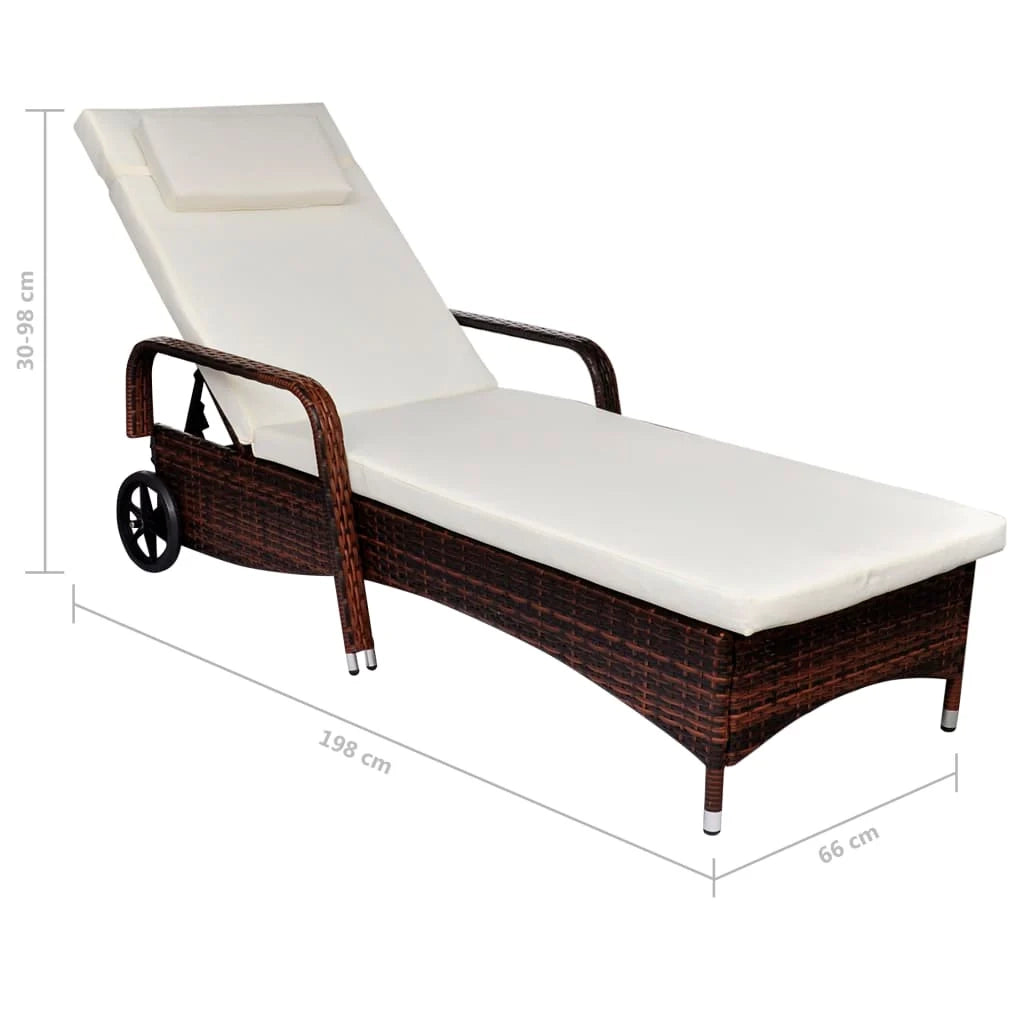Lettino prendisole sedia a sdraio lettino prendisole letto da giardino mobili da esterno per patio con cuscino e ruote resina intrecciata marrone 02_0012447