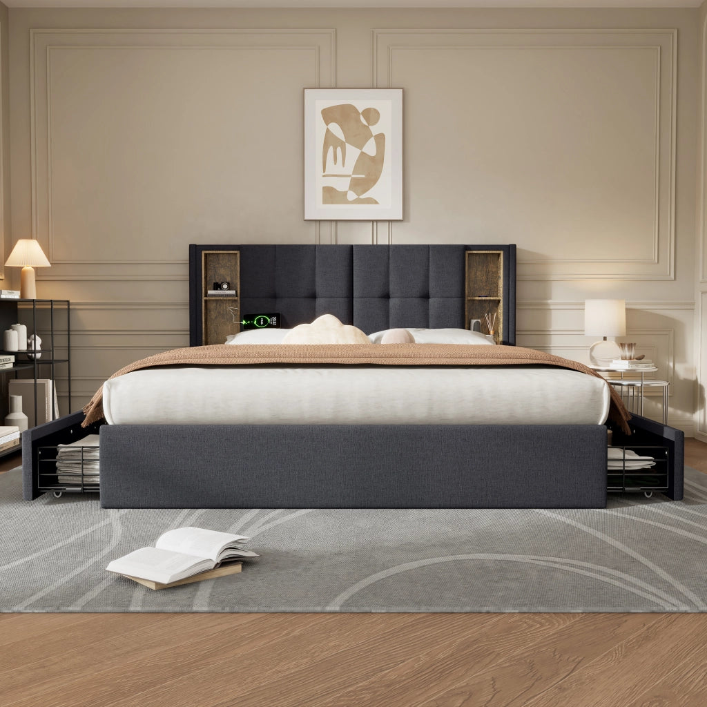 Letto con Cassetti 160x200 cm; Letto Matrimoniale - Ricarica Wireless; USB e Tipo C
