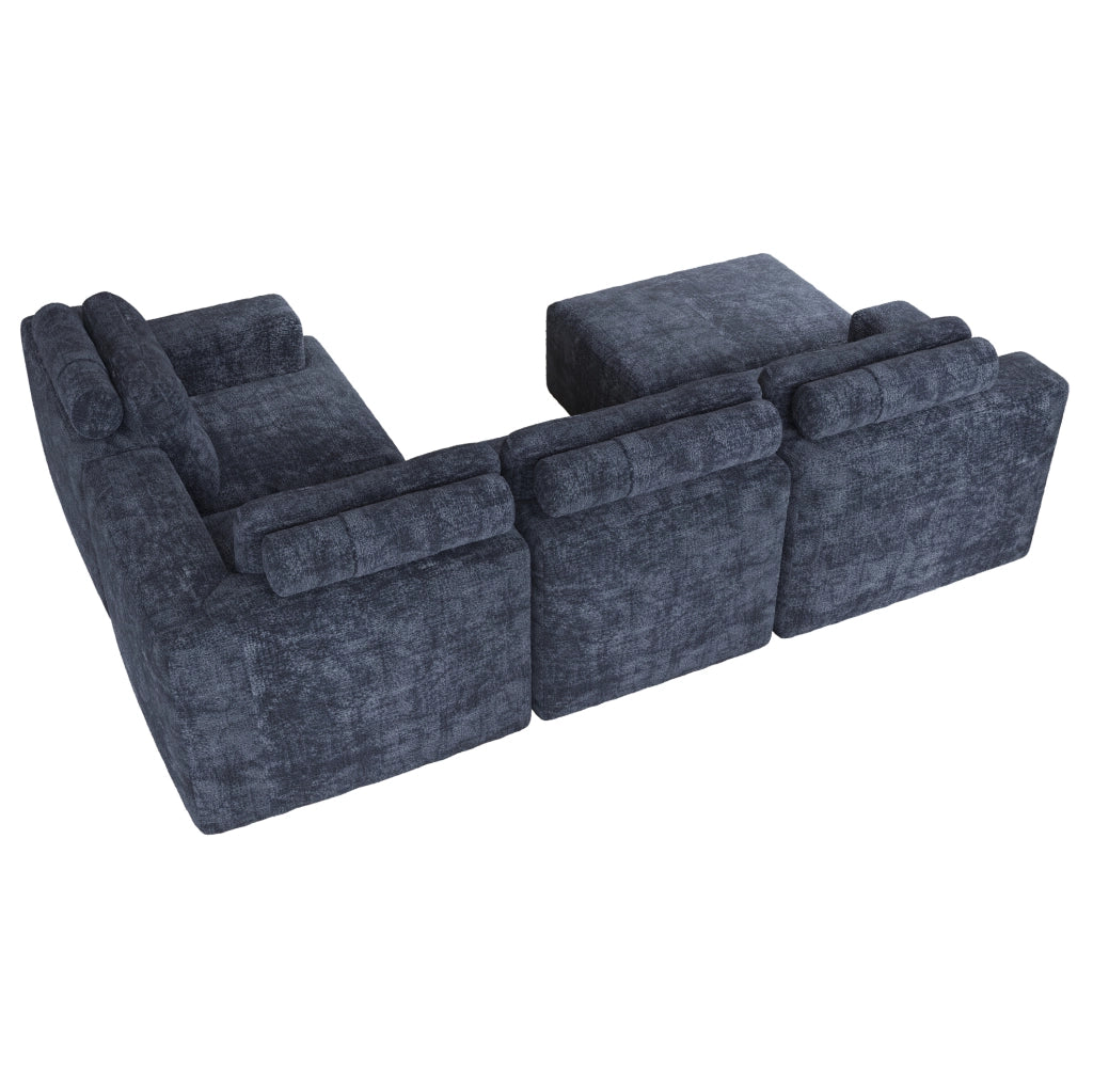 Divano modulare a U 5-6 posti con pouf in ciniglia blu