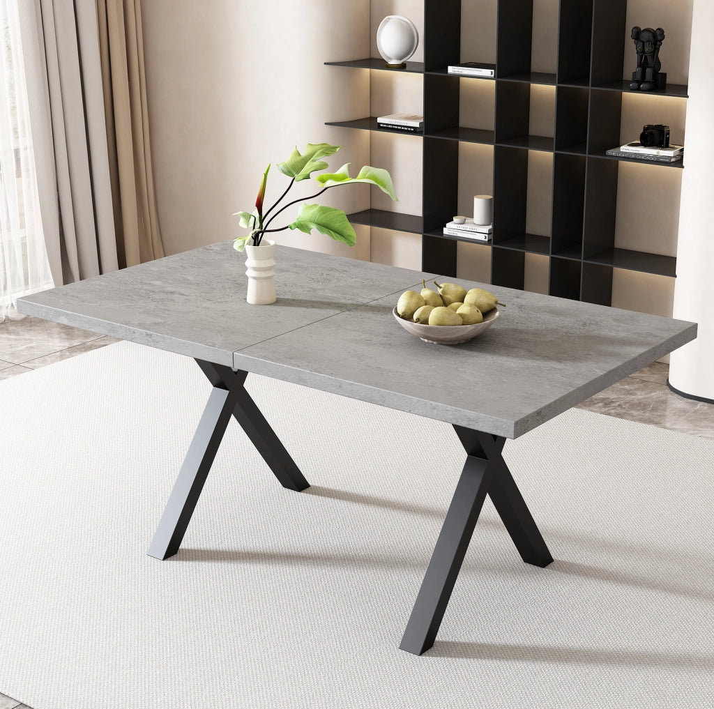 Tavolo da pranzo moderno con gambe incrociate in metallo; MDF; grigio e nero
