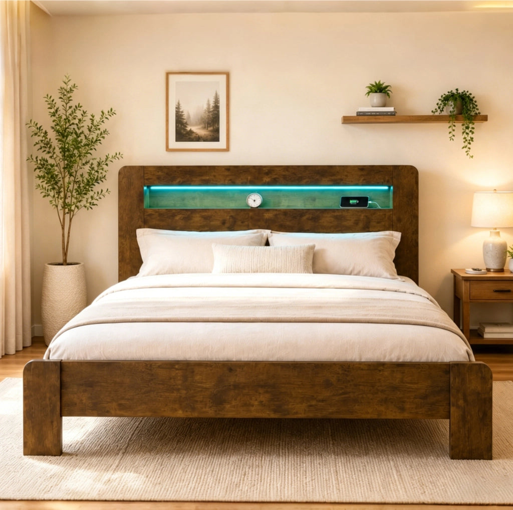 Letto matrimoniale in legno 180x200 con testiera contenitore, LED e prese integrate