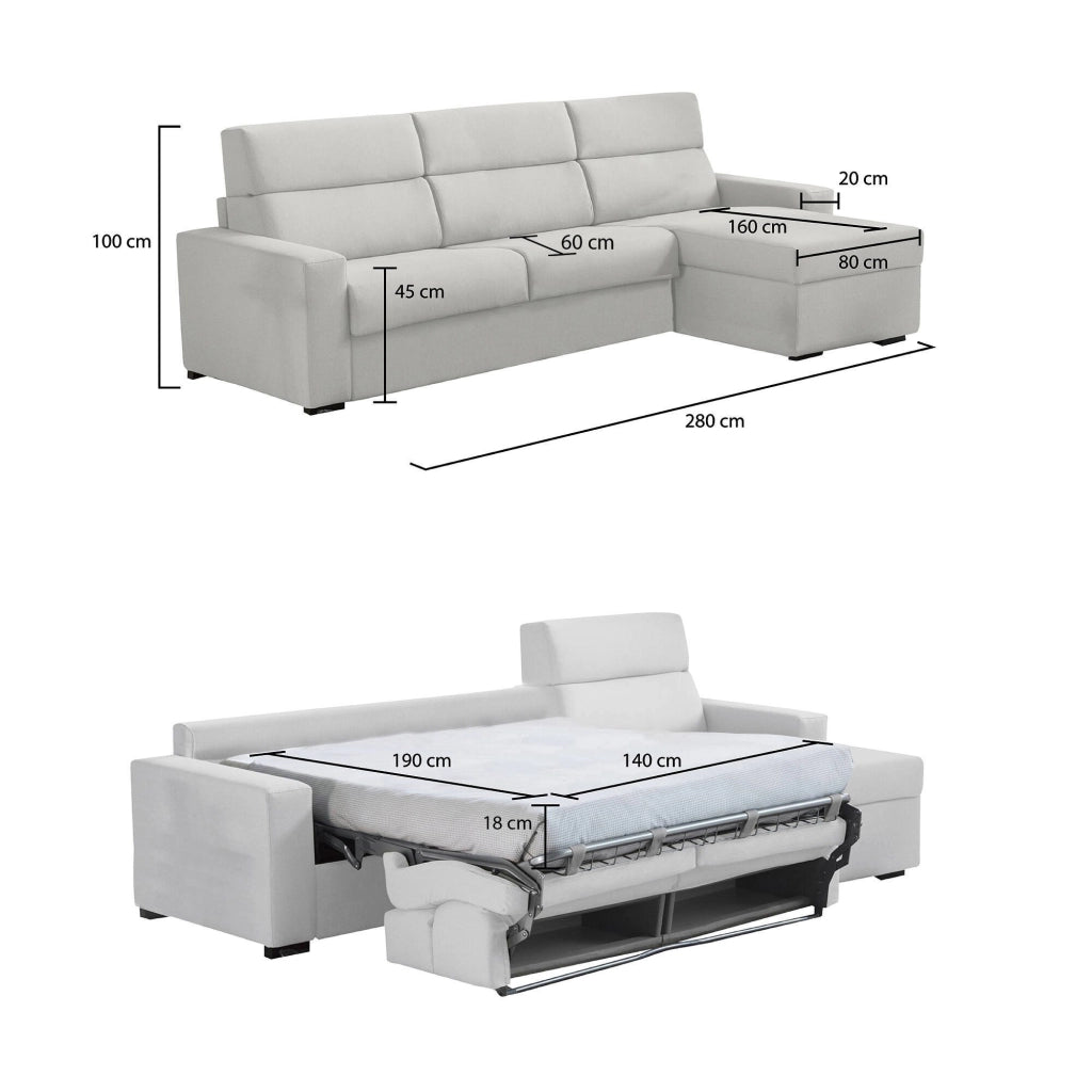 Celleno, Divano Letto con Penisola Sfoderabile Made in Italy, 280x160 cm Grigio Chiaro