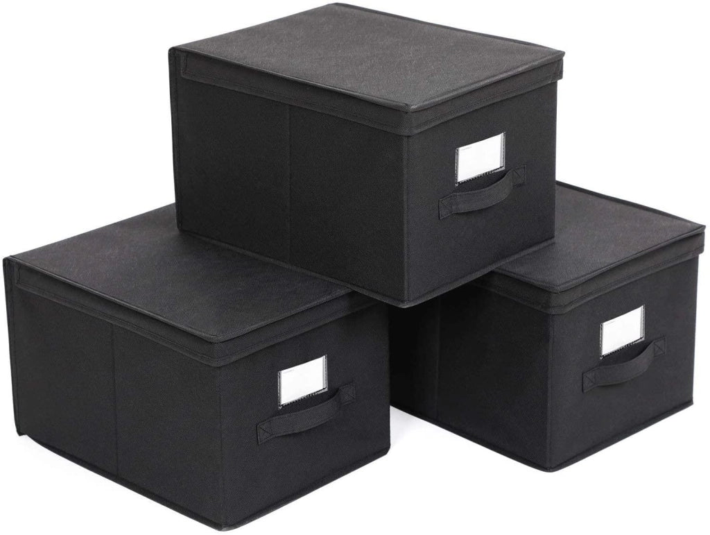 Scatole portaoggetti pieghevoli set da 3 in tessuto non tessuto con coperchio e maniglie dimensioni 40 x 30 x 25 cm nere 12_0000085