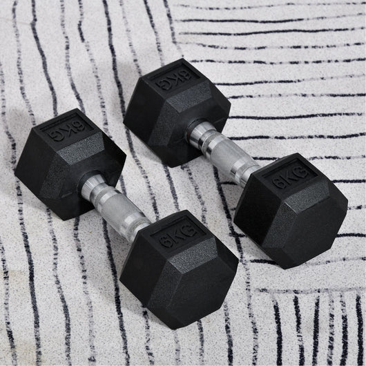 Set di 2 Manubri Esagonali da 6 kg con Presa Antiscivolo e Rivestimento in Gomma Nero