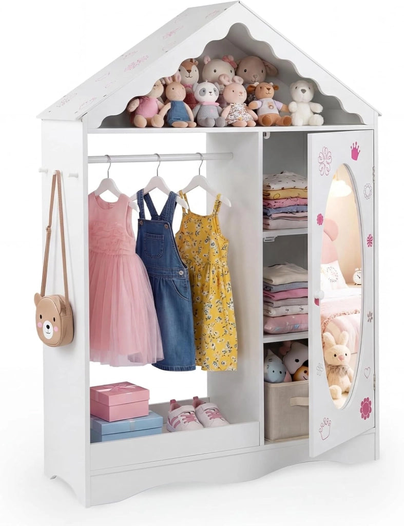 Armadio con Specchio per Bambini, Guardaroba Coperto con Appendiabiti Aperto, Scaffali e Ganci, Armadio e Organizzatore di Costumi per Camera da Letto e Stanza dei Giochi (Rosa)