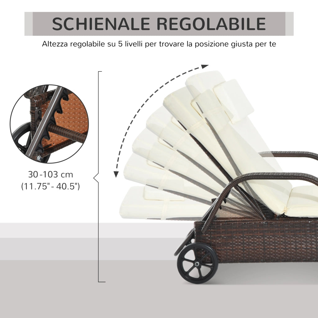 Lettino Prendisole da Esterno in Rattan Schienale Regolabile con Ruote