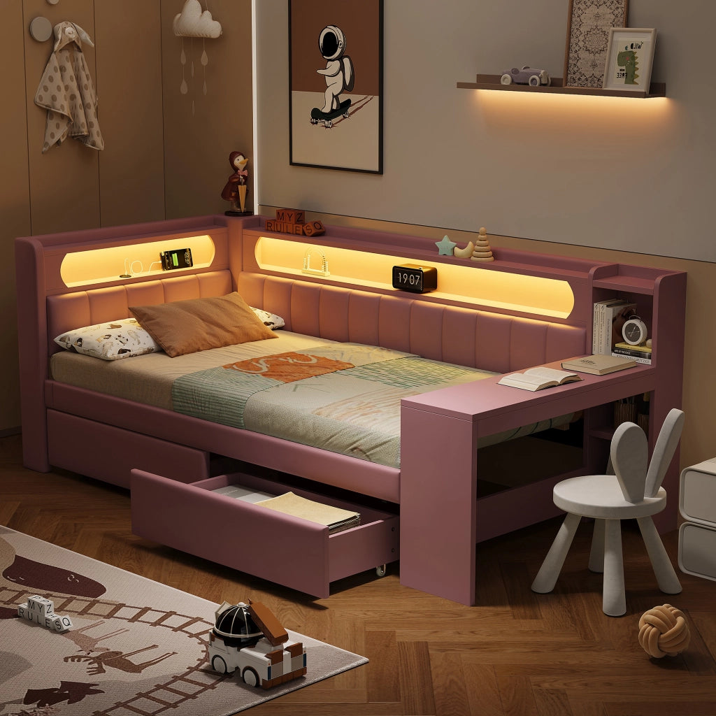 LETTO 90x200 cm imbottito Rosa con USB, LED, scrivania e 2 cassetti