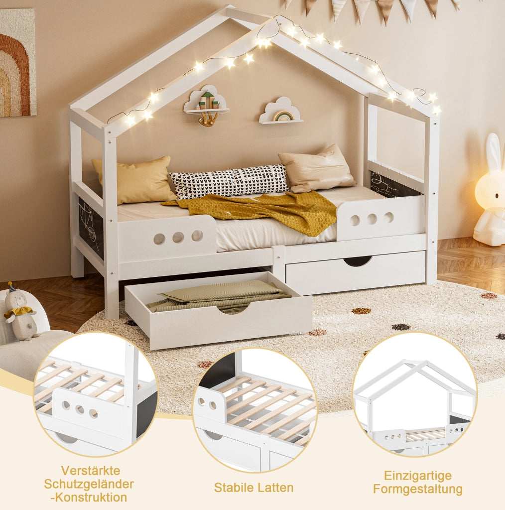 Letto per bambini 90x200 cm con tetto; 2 cassetti e lavagna in legno; bianco