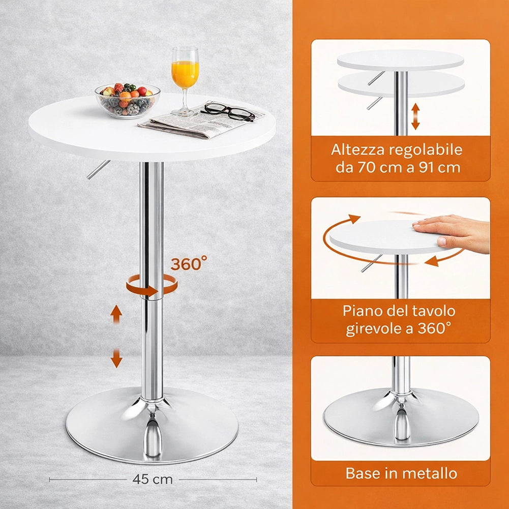 Tavolo Bar Girevole Ø60x70-91 cm con Altezza Regolabile in MDF e Metallo Bianco