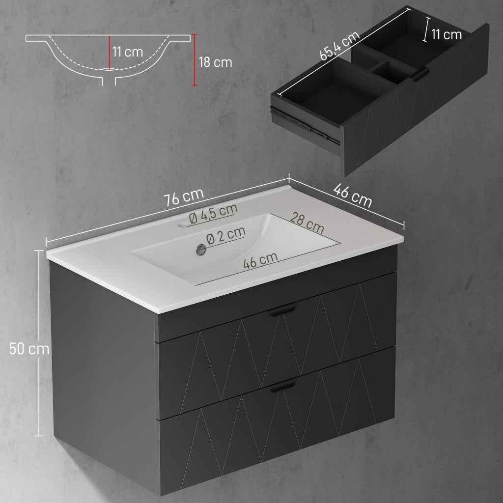 Mobiletto Sottolavabo Sospeso con Lavabo Ceramica e Cassetti Soft-Close ¨C zephmum ¨C Nero