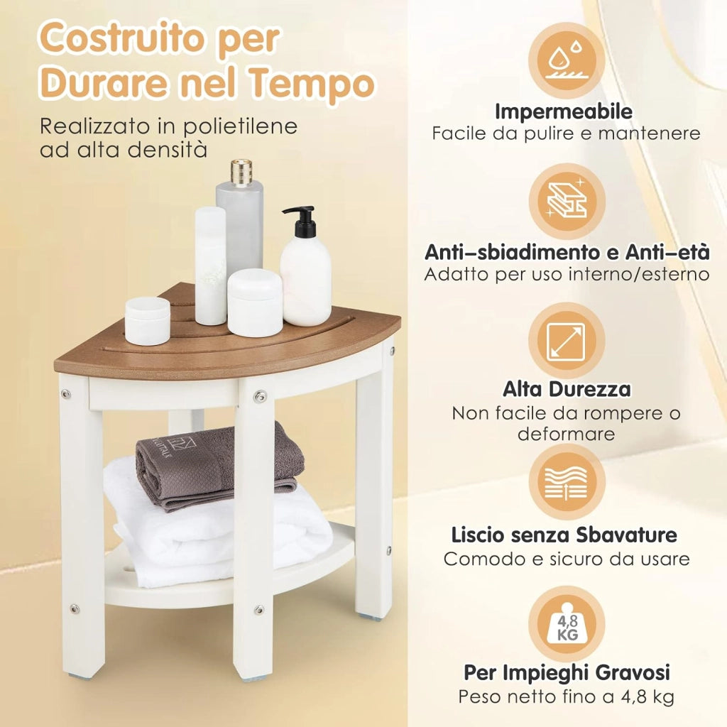 Sgabello Doccia, Sedia da Bagno Angolare in Polietilene con Ripiano, Sedile Multiuso a 2 Livelli per Uso Interno o Esterno, 32,5x32,5x43,5 cm, Capacità di Peso 150 kg (Marrone)