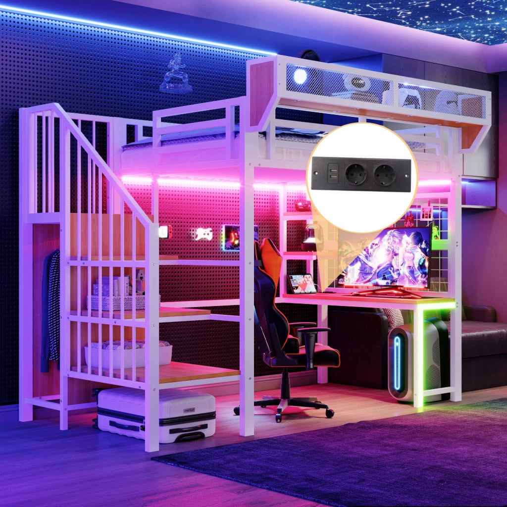 Letto a Soppalco con Scrivania, Scaletta di Sicurezza e LED ¨C MINIMAL ¨C Metallo Bianco 90x200