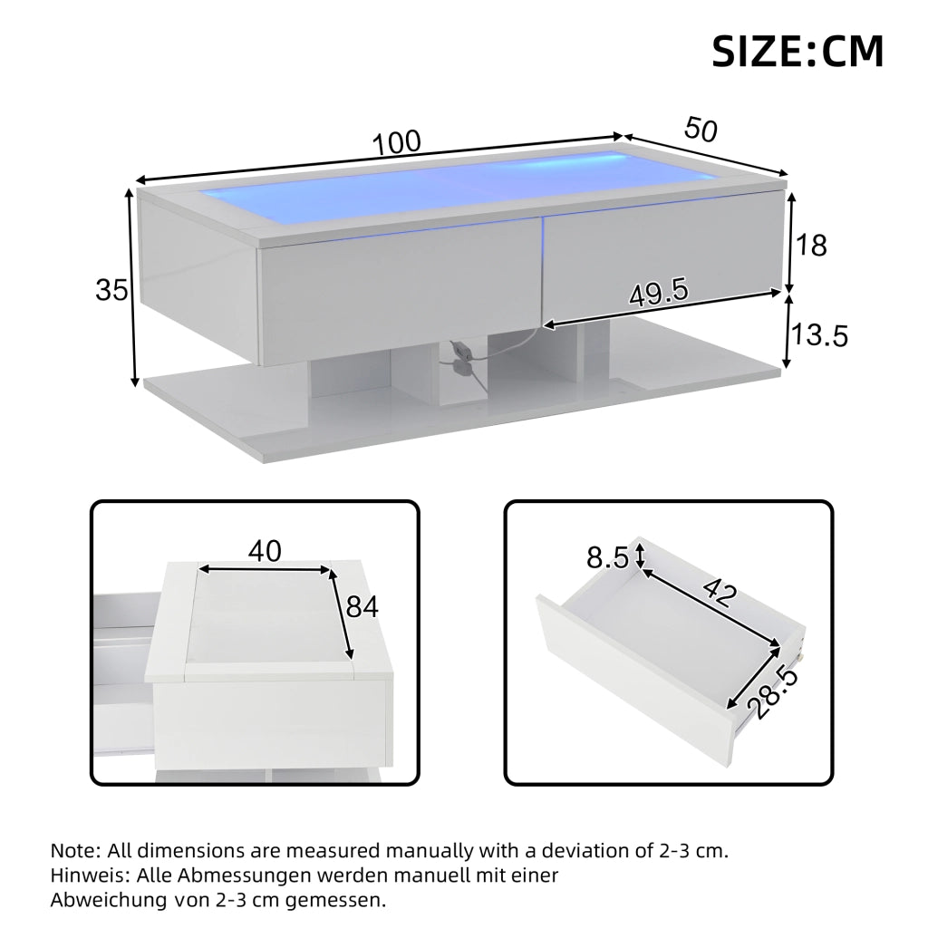 TAVOLINO DA SALOTTO 100x50x35 cm Bianco lucido con 2 cassetti e piano in vetro