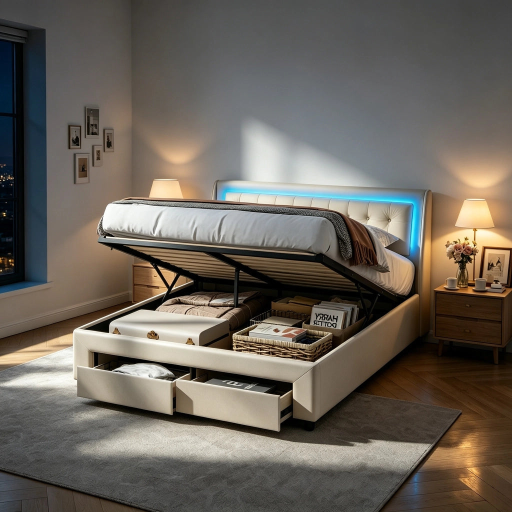 Letto contenitore matrimoniale 140x190 cm con  LED;Sollevamento idraulico e 2 cassetti;Velluto; beige