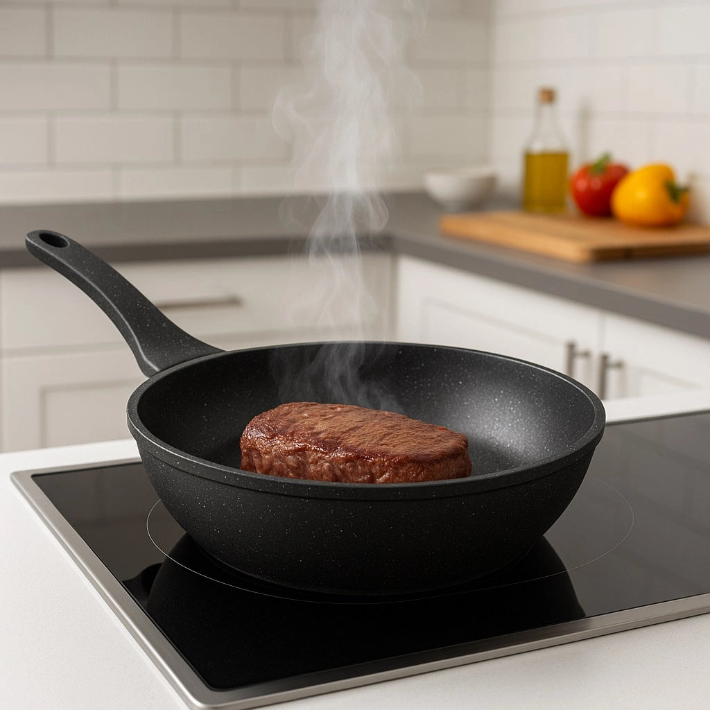 Set Padelle Induzione Pietra Antiaderenti 20/24/28 cm con Coperchi in Vetro Nero