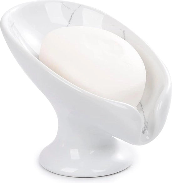 Zeppiera, contenitore ceramico per sapone, tazza per sapone autoapribile, mantiene il sapone asciutto, forma foglia, zeppiera vintage, adatto per cucina, bagno, doccia, lavabo (marmo, bianco, grigio)
