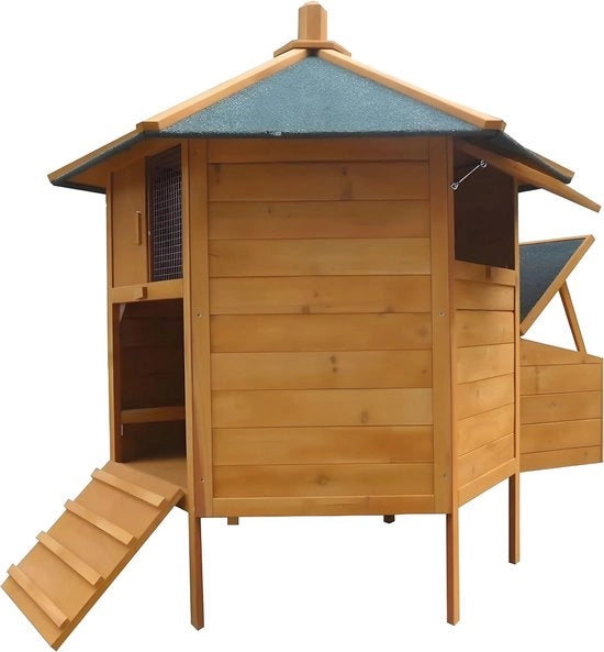 Recinzione a sei angoli per polli in legno con box nido e rampa - 131 x 125 cm