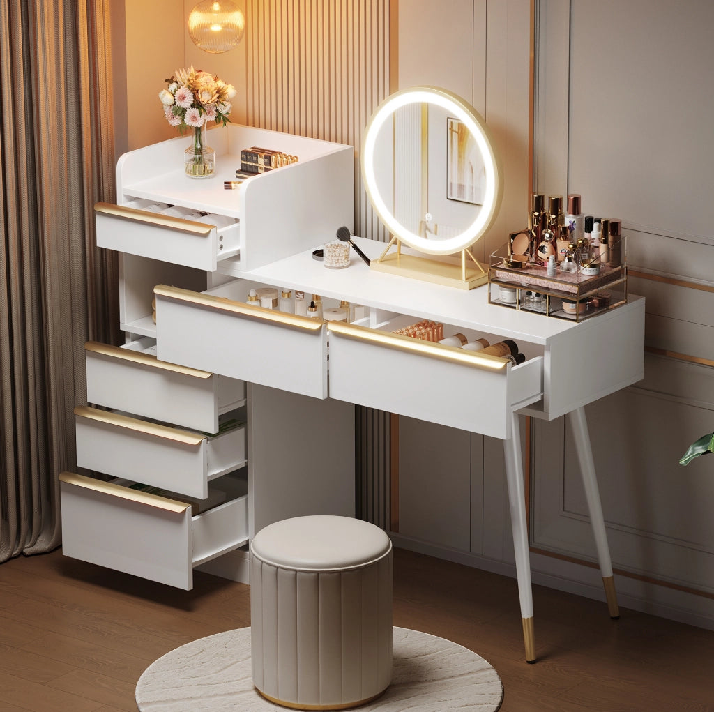 Toeletta 100x41.5x102 cm con specchio LED dimmerabile e 6 cassetti in truciolare bianco