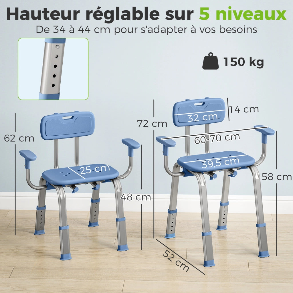 Sgabello Doccia Ergonomico con Braccioli e Schienale Regolabile ¨C Zephmum ¨C Blu