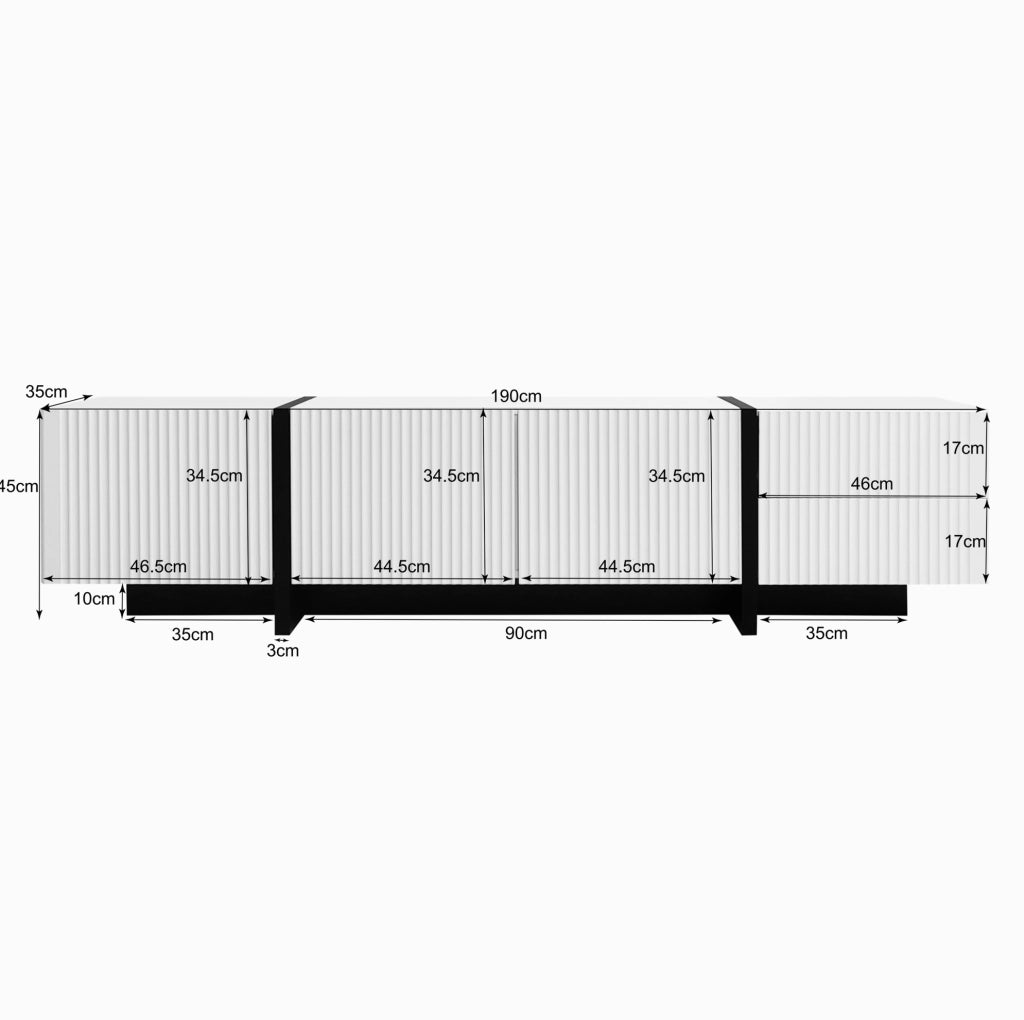 Mobile TV 190 cm con 3 Ante e 2 Cassetti, MDF Bianco e Nero