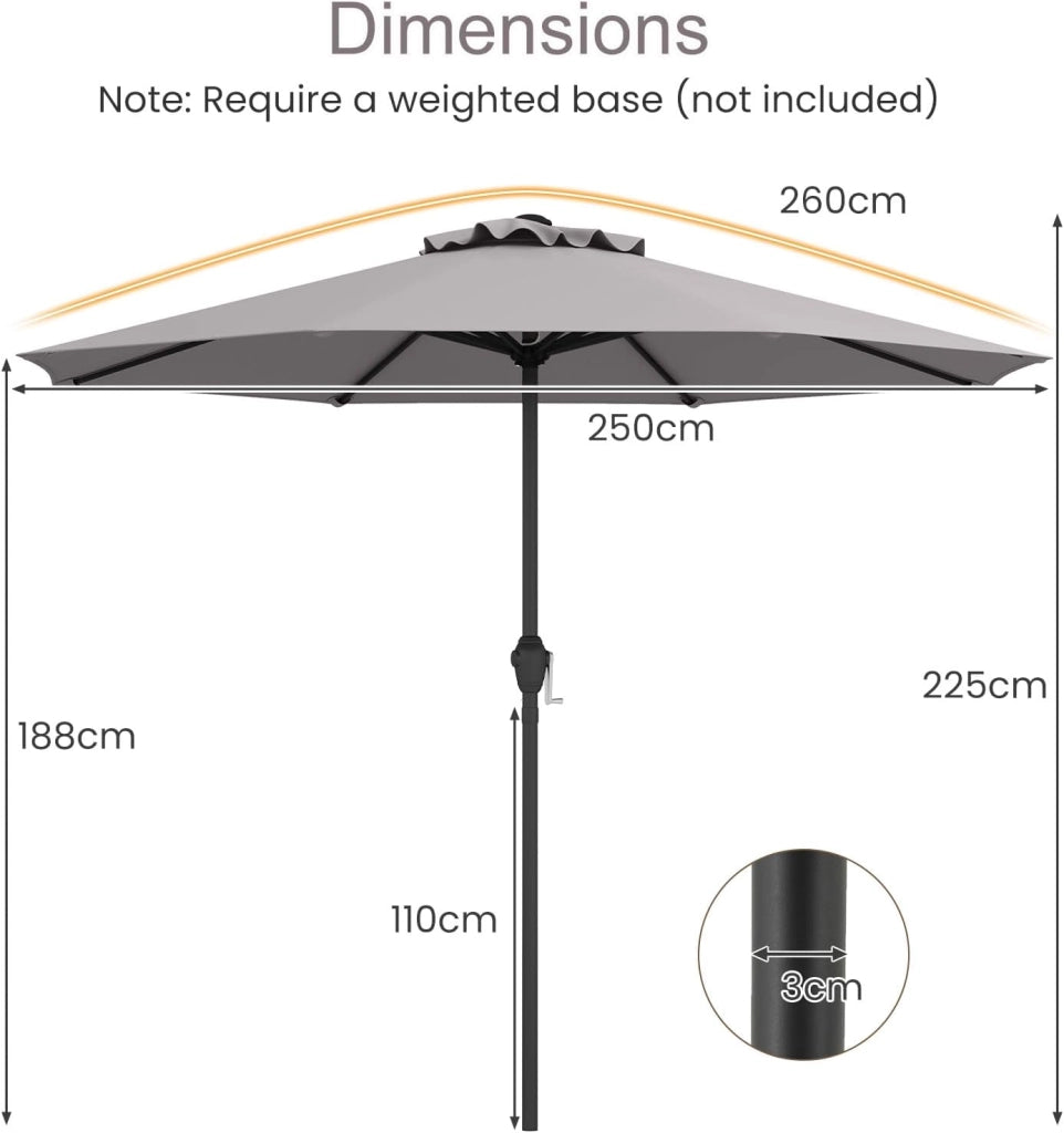 Ombrellone da Giardino Ø 260/360 cm con Manovella e 8 Stecche, Ombrellone Parasole Ventilato, Telaio in Metallo, Anti UV, da Esterno, Terrazzo, Spiaggia, Balcone, Mercato