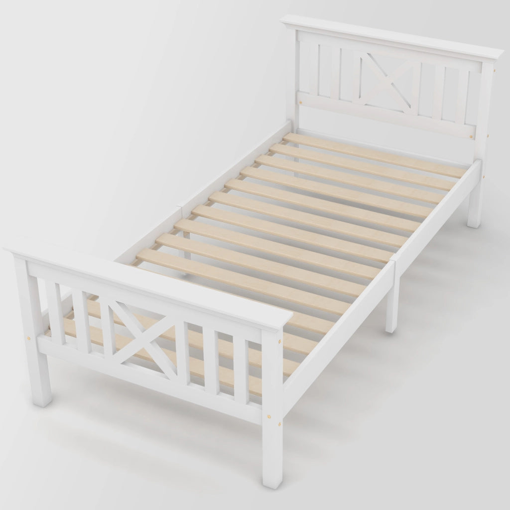 Letto singolo in legno massello bianco 90x200 cm con testiera a X e rete a doghe
