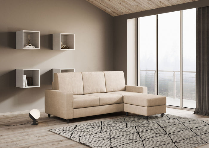 Divano 3 Posti con Pouf 208x155x85 cm Sakar in Tessuto Beige