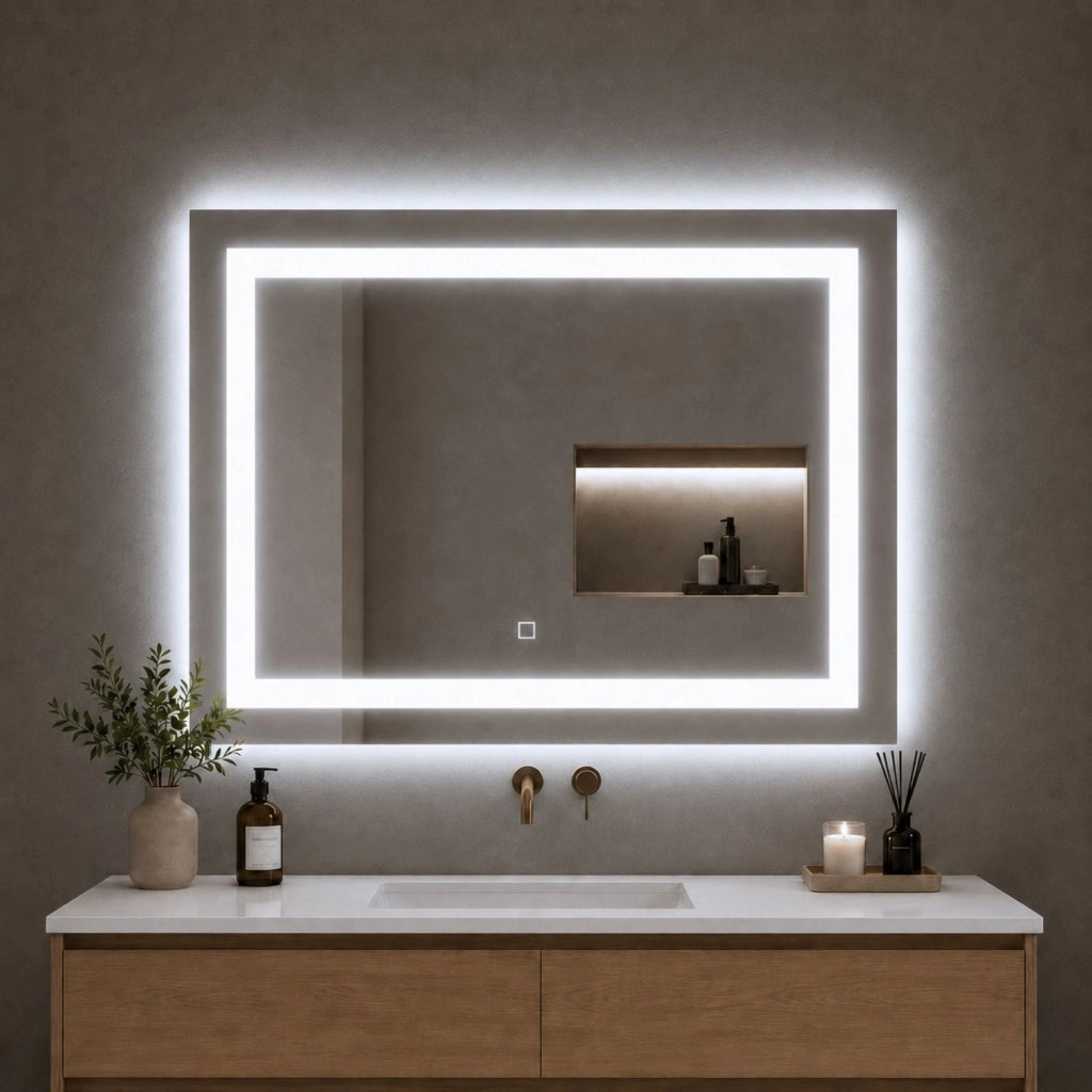 Specchio da bagno rettangolare led con interruttore touch e cornice in alluminio *** misure 80x60 cm, tonalità stand...