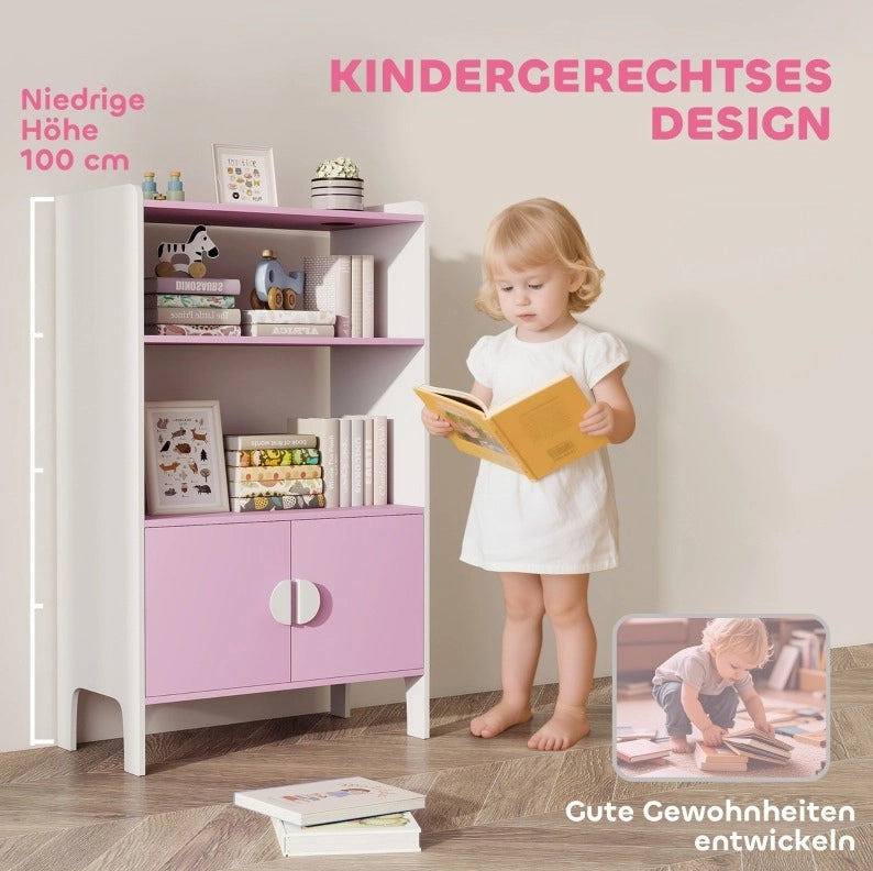 Libreria per bambini rosa con vani aperti e armadietti, 60 x 35 x 100 cm