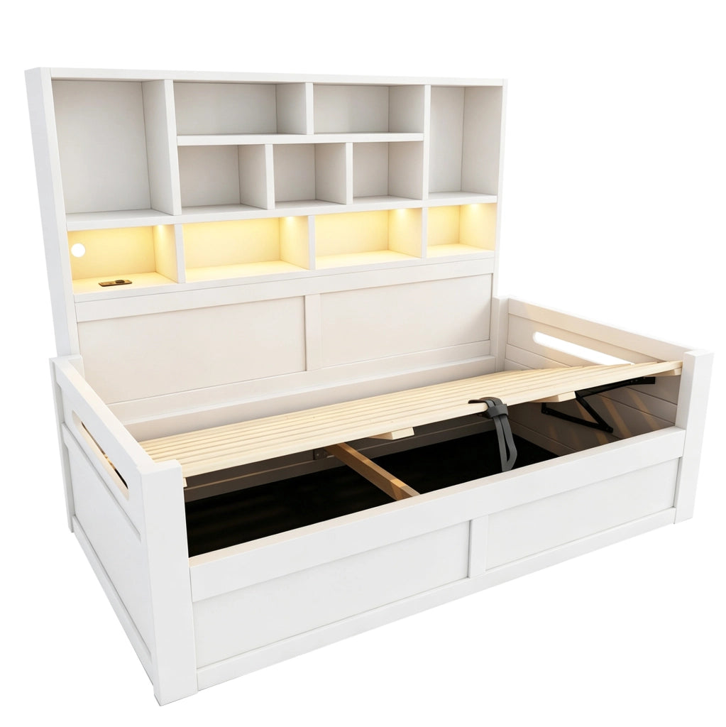 Letto singolo 90x200 cm con vano idraulico; LED e prese; MDF bianco