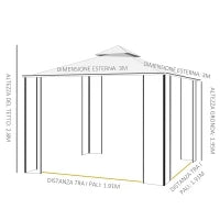 Gazebo da Giardino 3x3m con Zanzariera, Telaio in Acciaio e Doppio Tettuccio, Bianco