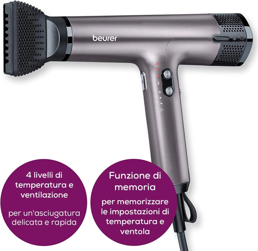Beurer Asciugacapelli HC 100, Phon Potente da 1700 W per un'Asciugatura Rapida e Delicata e Acconciatura Precisa, 4 Livelli di Temperatura e Ventola, Bocchetta per Styling e Diffusore