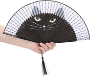 Ventilatore pieghevole con manici in bambù - Disegno a getto d'inchiostro di cartone gatto - Manubrio per festa di matrimonio - Prop per festa di ballo drammatico .