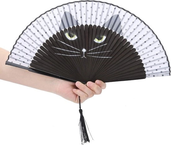 Ventilatore pieghevole con manici in bambù - Disegno a getto d'inchiostro di cartone gatto - Manubrio per festa di matrimonio - Prop per festa di ballo drammatico .